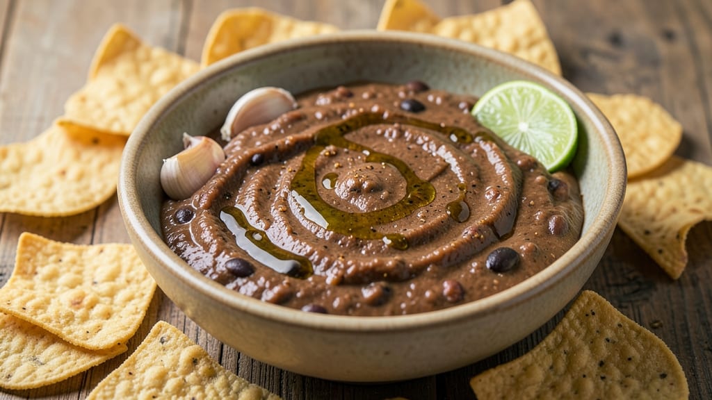 Basic Bean Dip Recipe: Crunchy Tortilla Topping and Creamy Cumin Heart