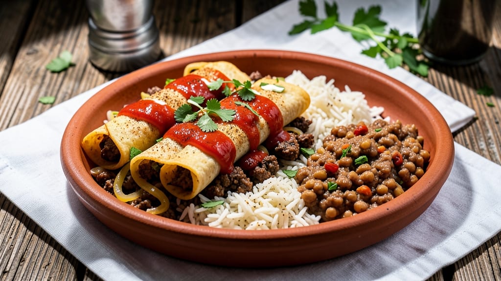 Beef Bean and Rice Enchilada Recipe: Smoky Cumin Tortilla Crunch Over Hearty Filling