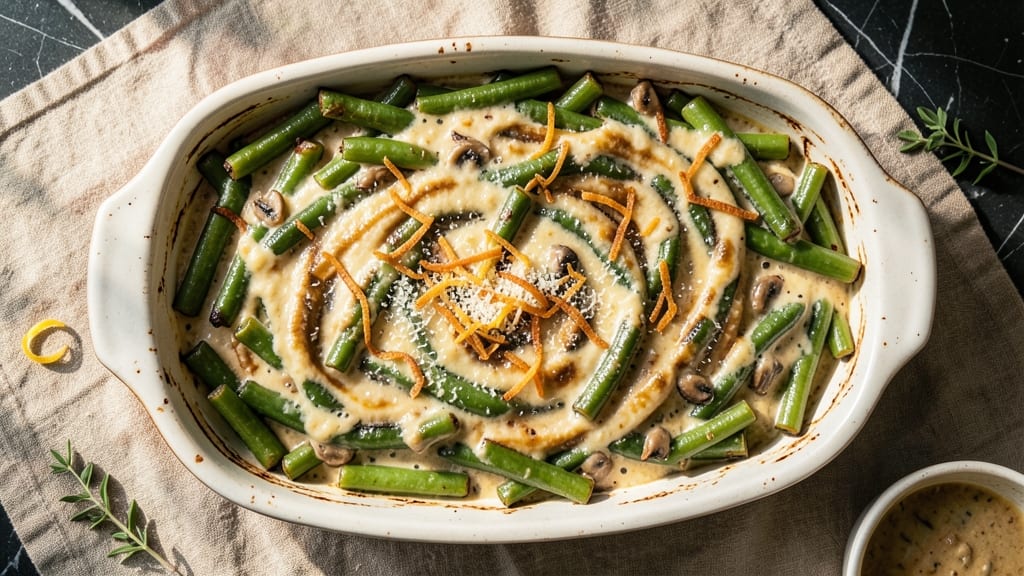 Best Tasting Green Beans Casserole Recipe: Crispy Fried Onions Over Creamy Mushroom Blanket