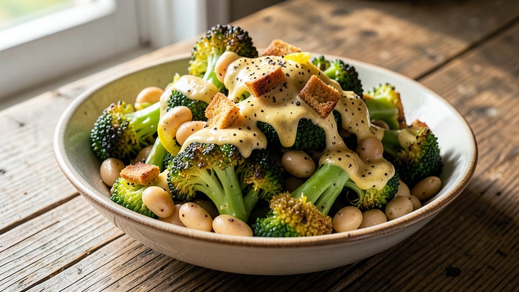 Broccoli and White Bean Caesar Salad Recipe: Crispy Parmesan Crunch Over Creamy Dressing