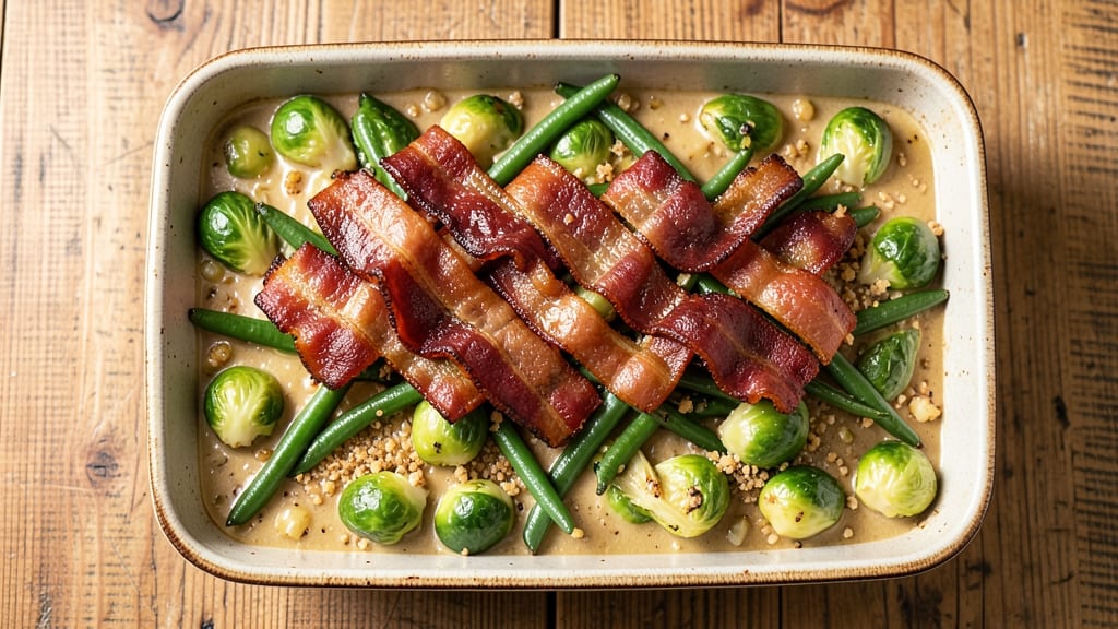 Bacon-Brussels Sprout-Green Bean Casserole Recipe: Crispy Top, Creamy Cheese Layers