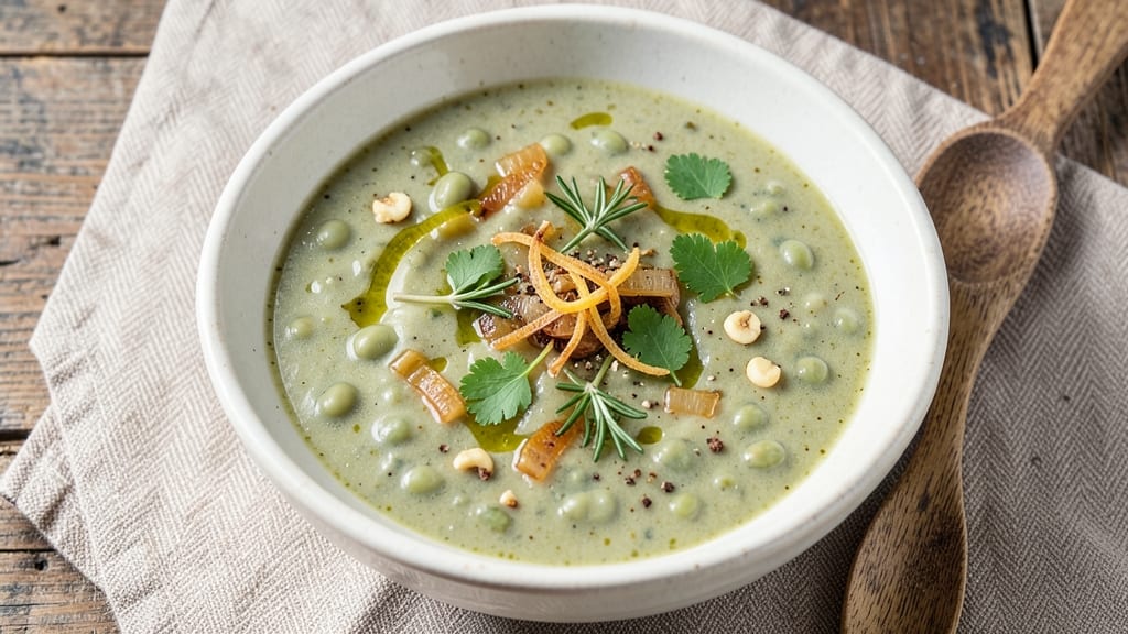 Broad Bean Soup Recipe: Earthy Green Herb Infusion with Crispy Topping