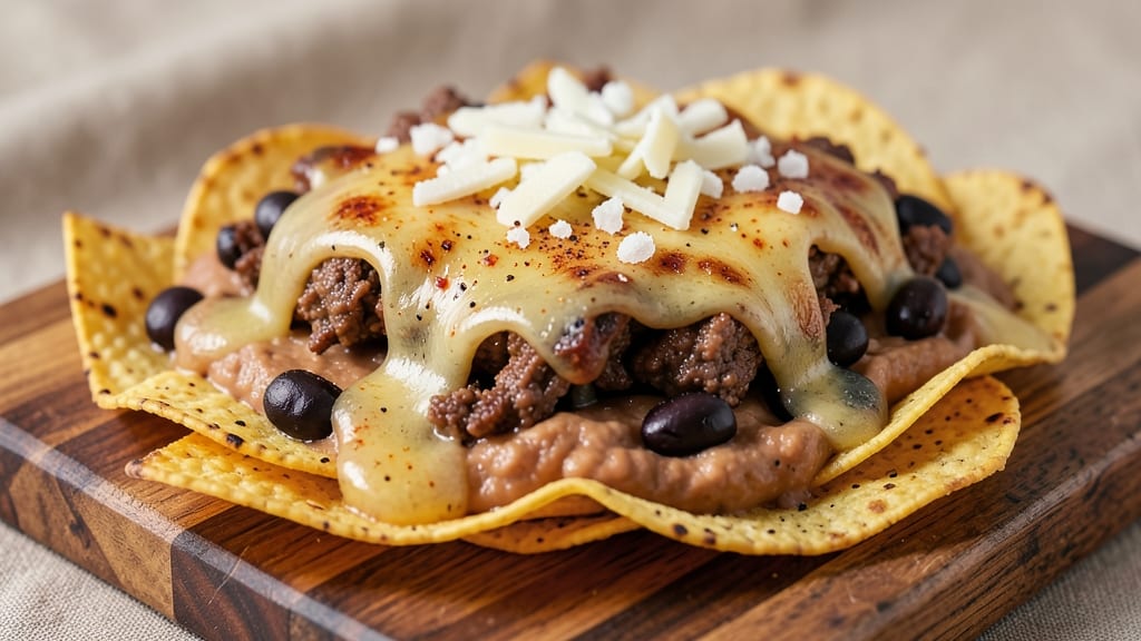 Beef and Bean Nachos Recipe: Tortilla Stacks With Cheese Pulls and Spiced Beef Chunks