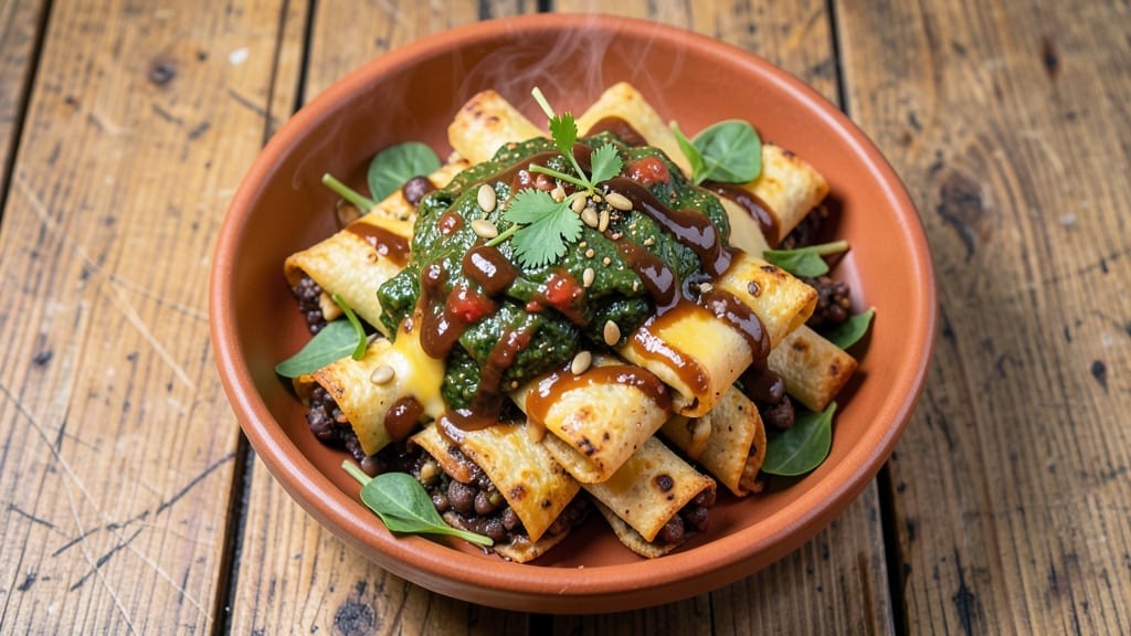 Black Bean and Spinach Enchiladas Recipe: Crispy Tortilla Crowns with Earthy Cumin Heat